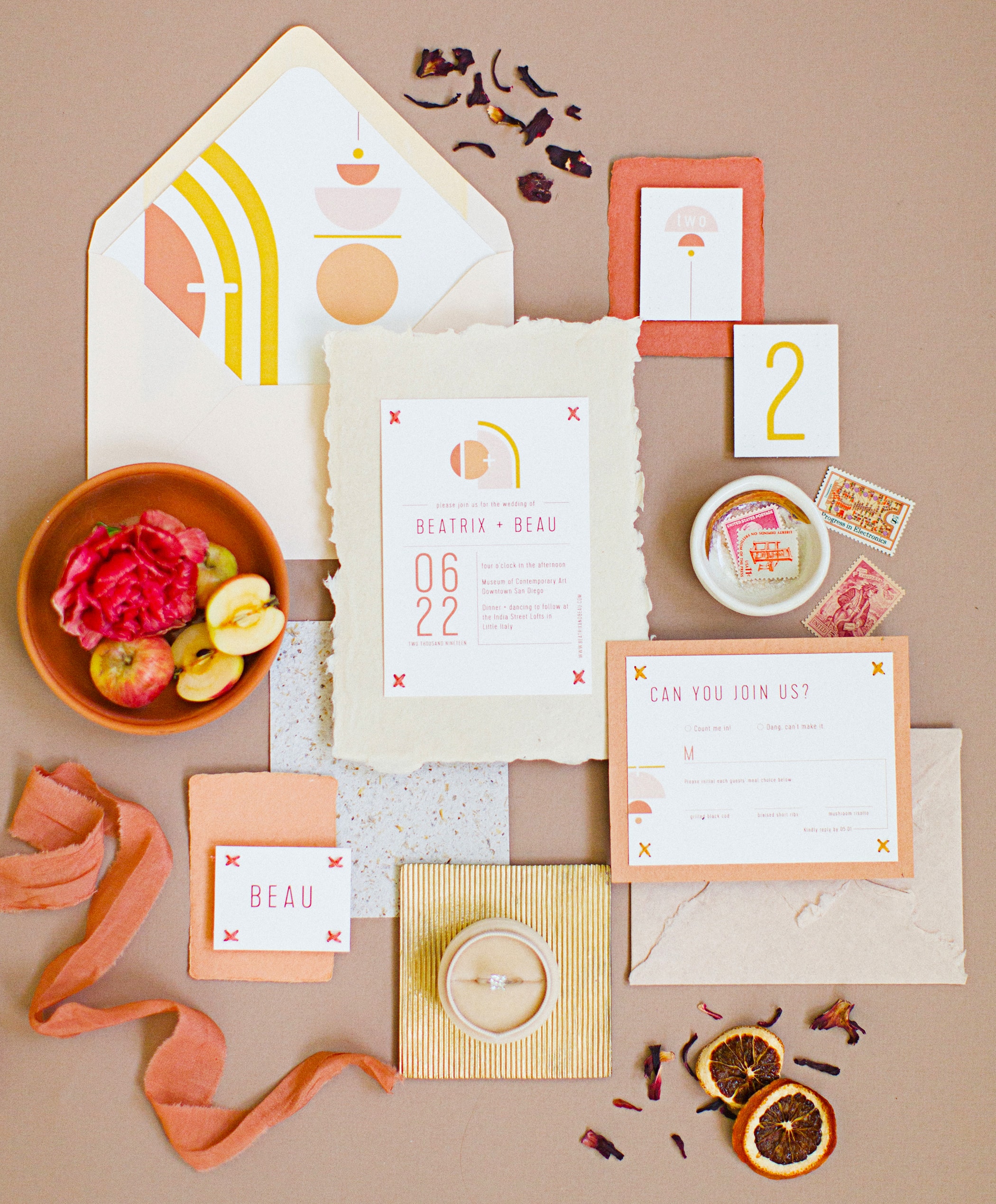Colorful wedding stationery flat lay